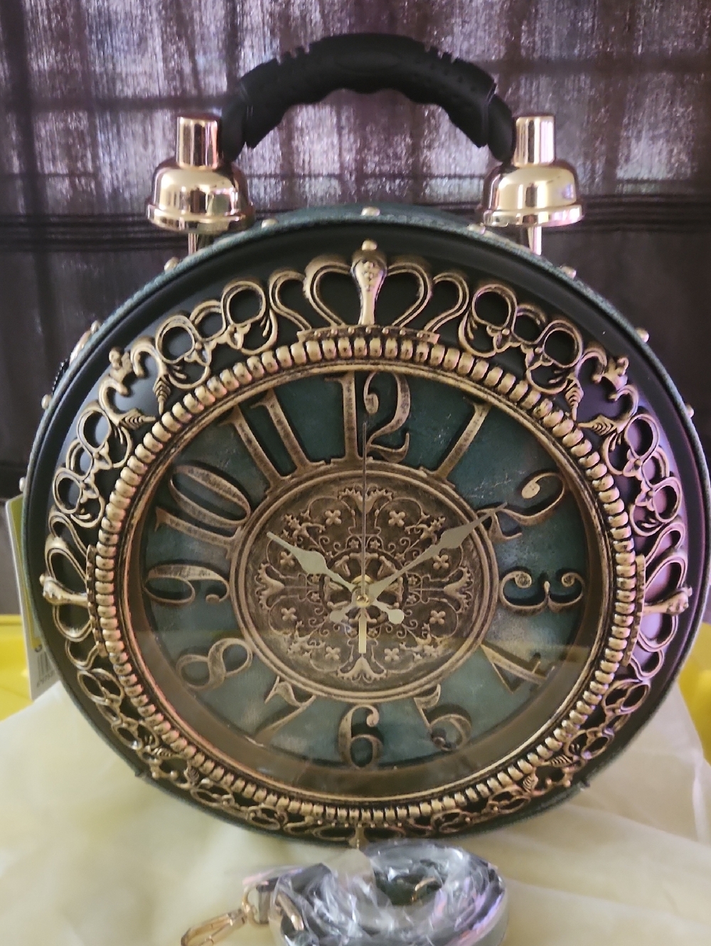 Ornate Black and Gold Round Shoulder Bag with Vintage Clock Face
